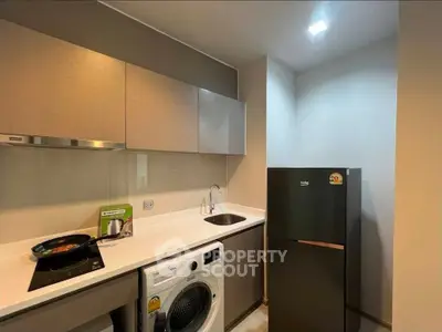 Modern kitchen with sleek cabinets, washing machine, and fridge in compact layout.