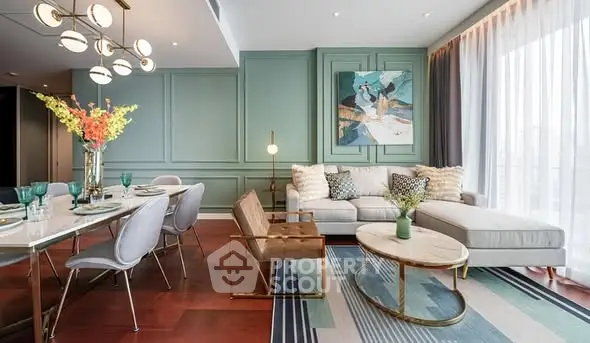 Luxurious living room with elegant decor and modern furniture, featuring a stylish dining area.