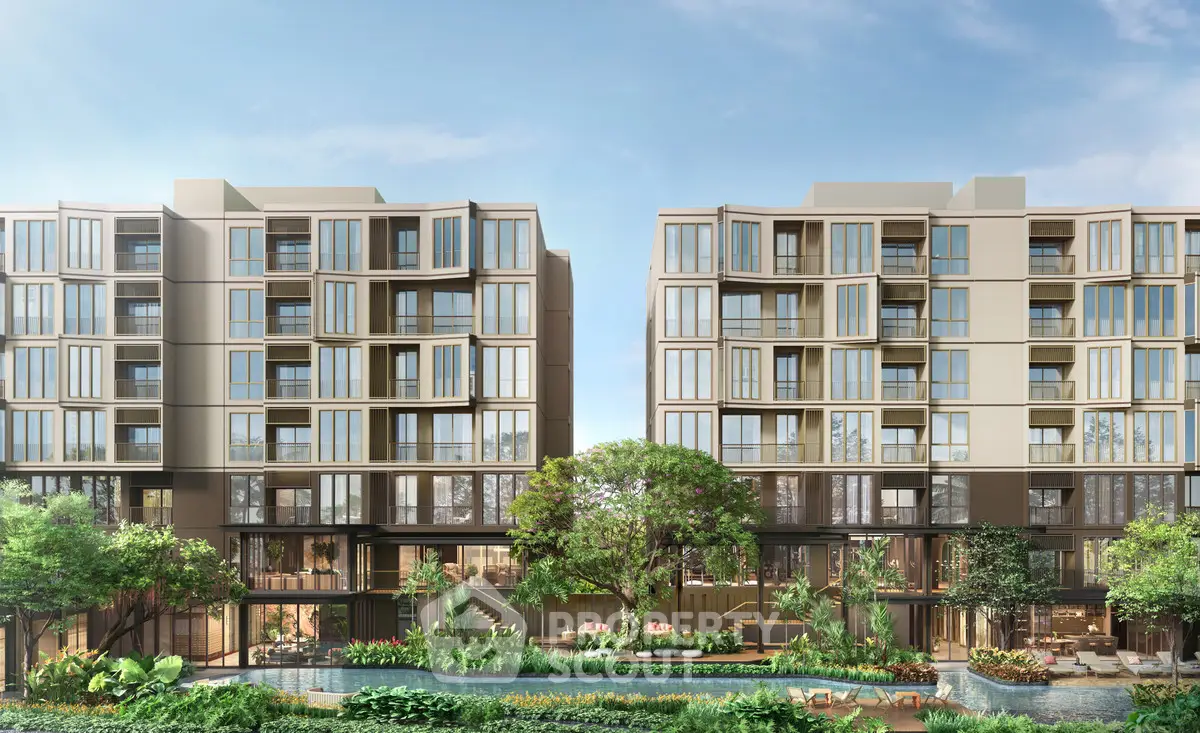 Modern residential building with lush garden and pool view, showcasing contemporary architecture and serene living.