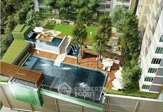 Luxurious rooftop pool with lush garden and modern design in urban setting.