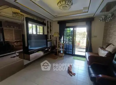 Spacious living room with modern decor and garden view