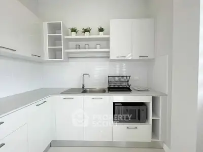 Modern white kitchen with sleek cabinets and built-in microwave