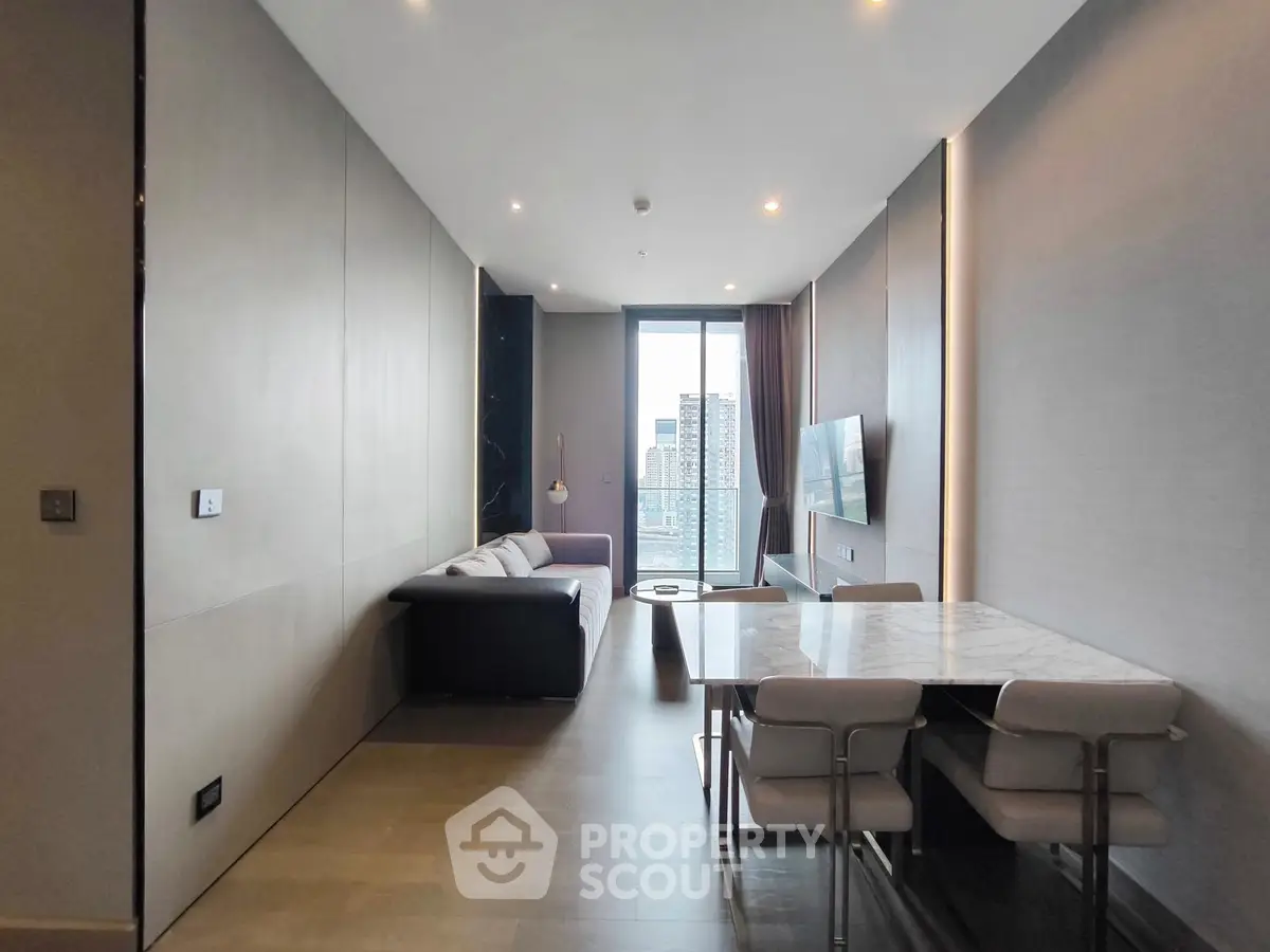 Modern living room with city view, sleek furniture, and dining area in a stylish apartment.