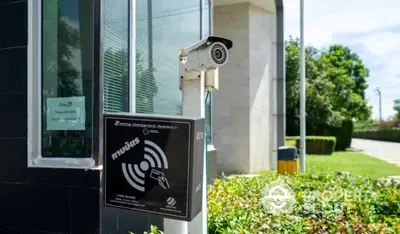 Modern security camera and card reader at building entrance