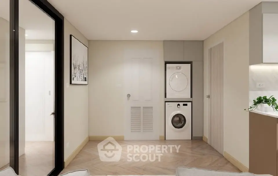 Modern interior with washing machine and dryer in stylish laundry area