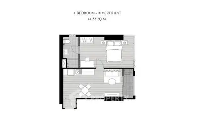 1-bedroom riverfront apartment floor plan with 44.55 sqm layout.