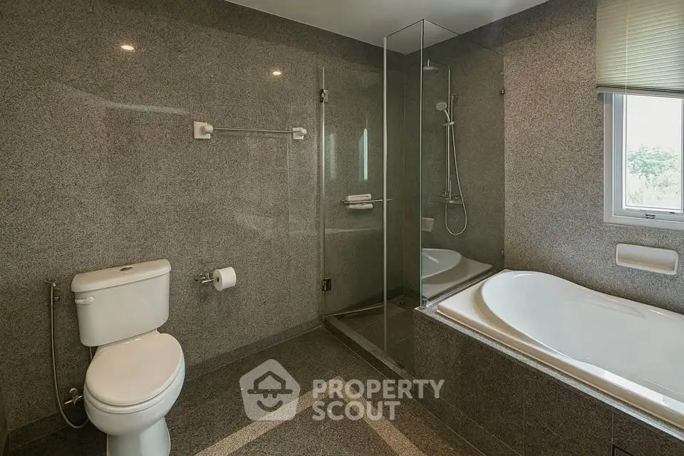 Luxurious modern bathroom with sleek design and spacious bathtub