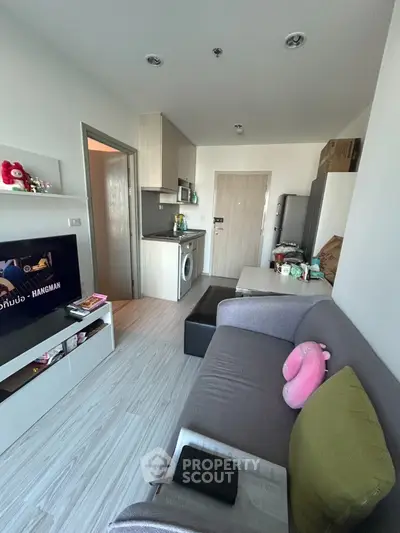 Modern living room with compact kitchen and cozy sofa in stylish apartment
