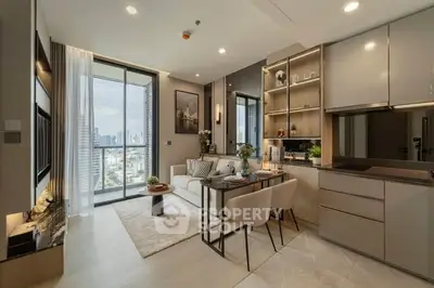 Luxurious modern living room with city view and elegant decor