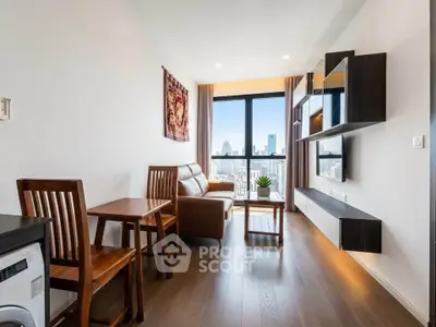Modern living room with city view, featuring sleek furniture and wooden flooring, perfect for urban living.