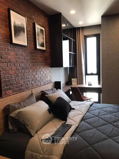 Modern bedroom with brick accent wall and cozy decor