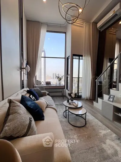 Luxurious modern living room with high ceiling and stunning city view