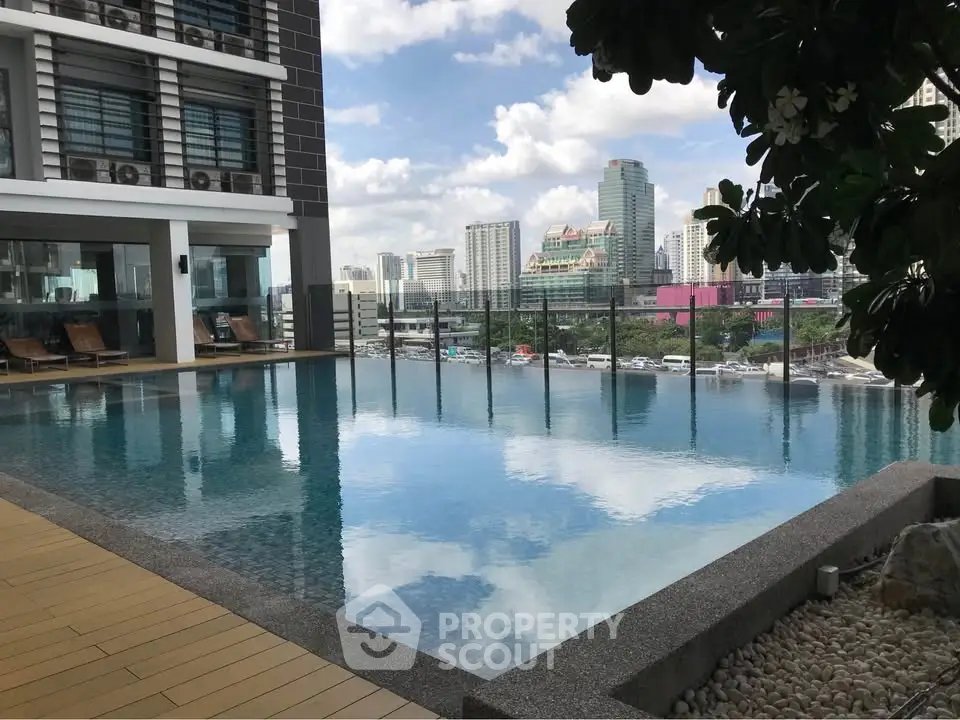 Luxurious rooftop pool with stunning city skyline view