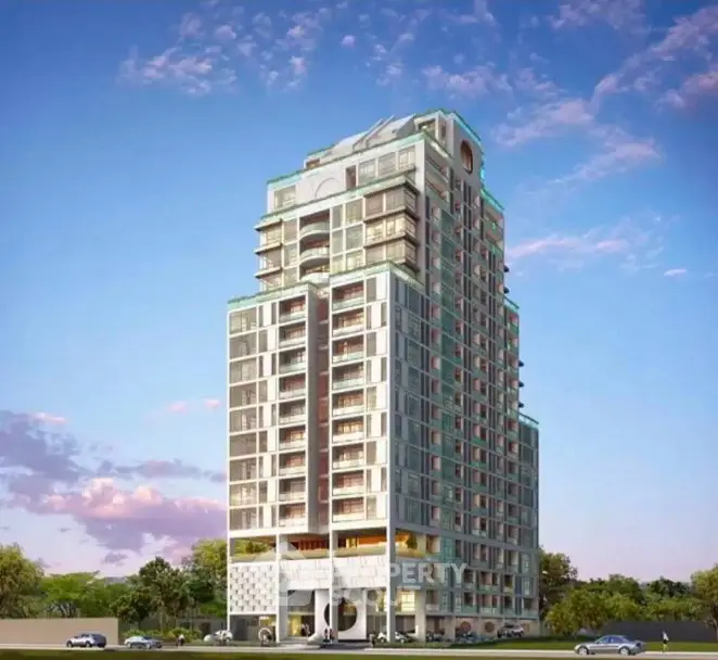 Stunning modern high-rise building with unique architectural design and lush surroundings.