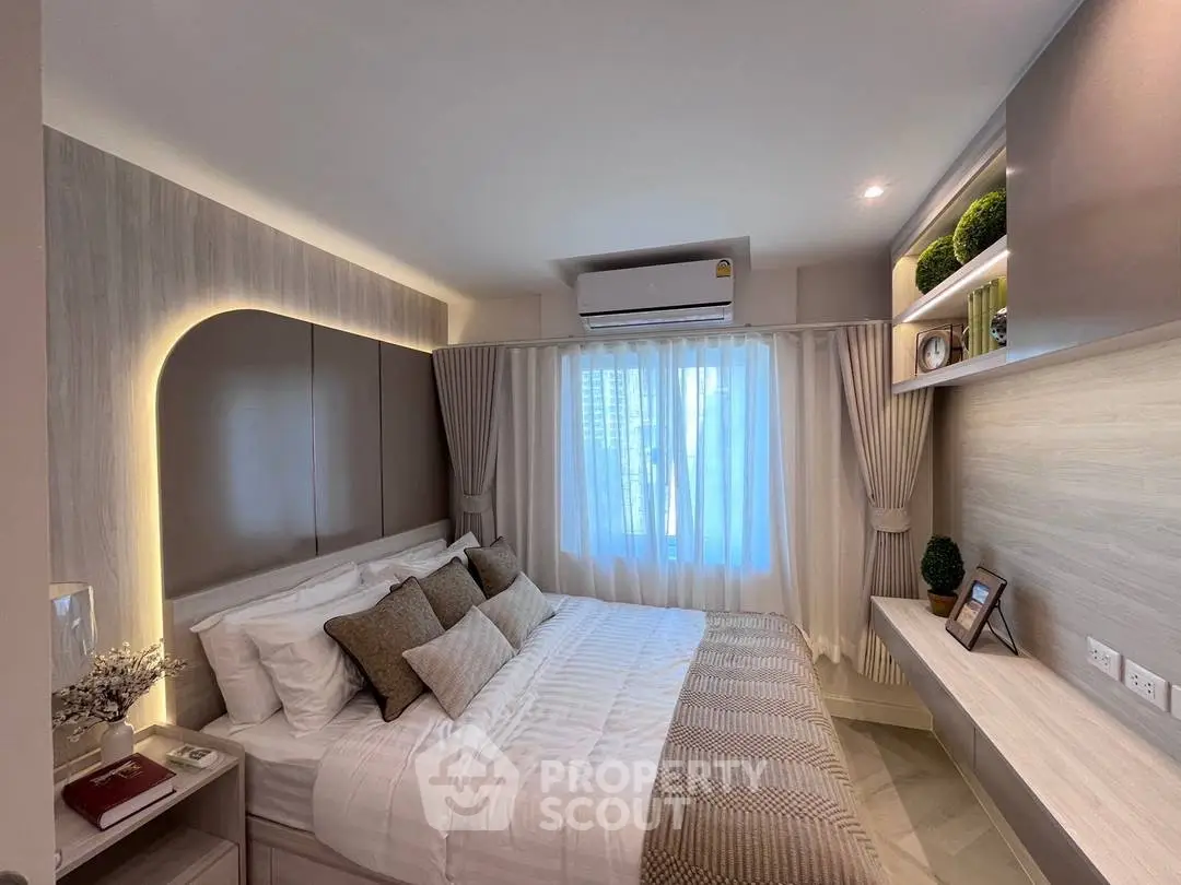 Modern bedroom with elegant decor and ambient lighting