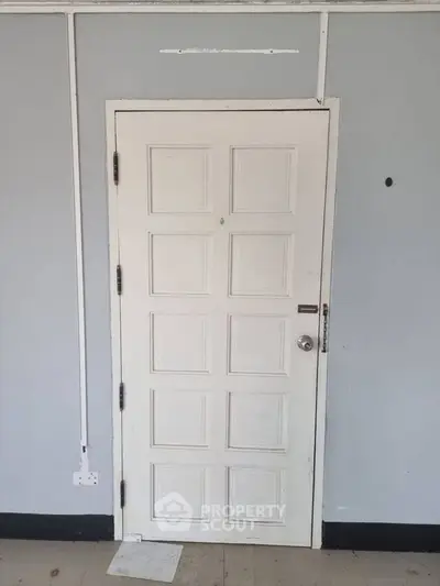 Simple white interior door with panel design in a minimalist room.