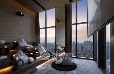 Luxurious penthouse with panoramic city views and modern seating area.