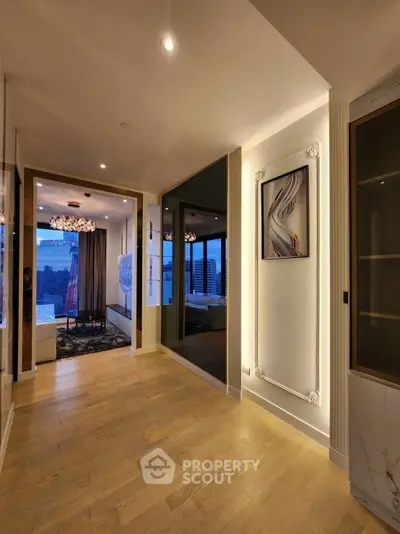 Luxurious modern living room with elegant lighting and wooden flooring