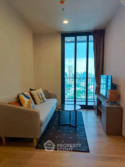 Modern living room with city view and stylish decor