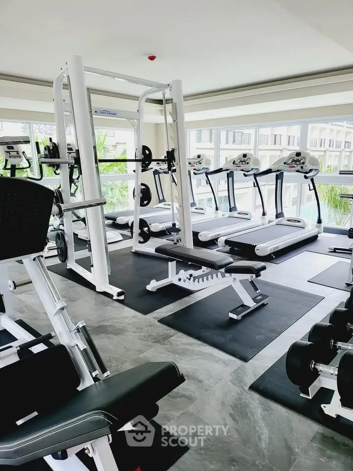 Modern gym with state-of-the-art equipment and large windows offering natural light.