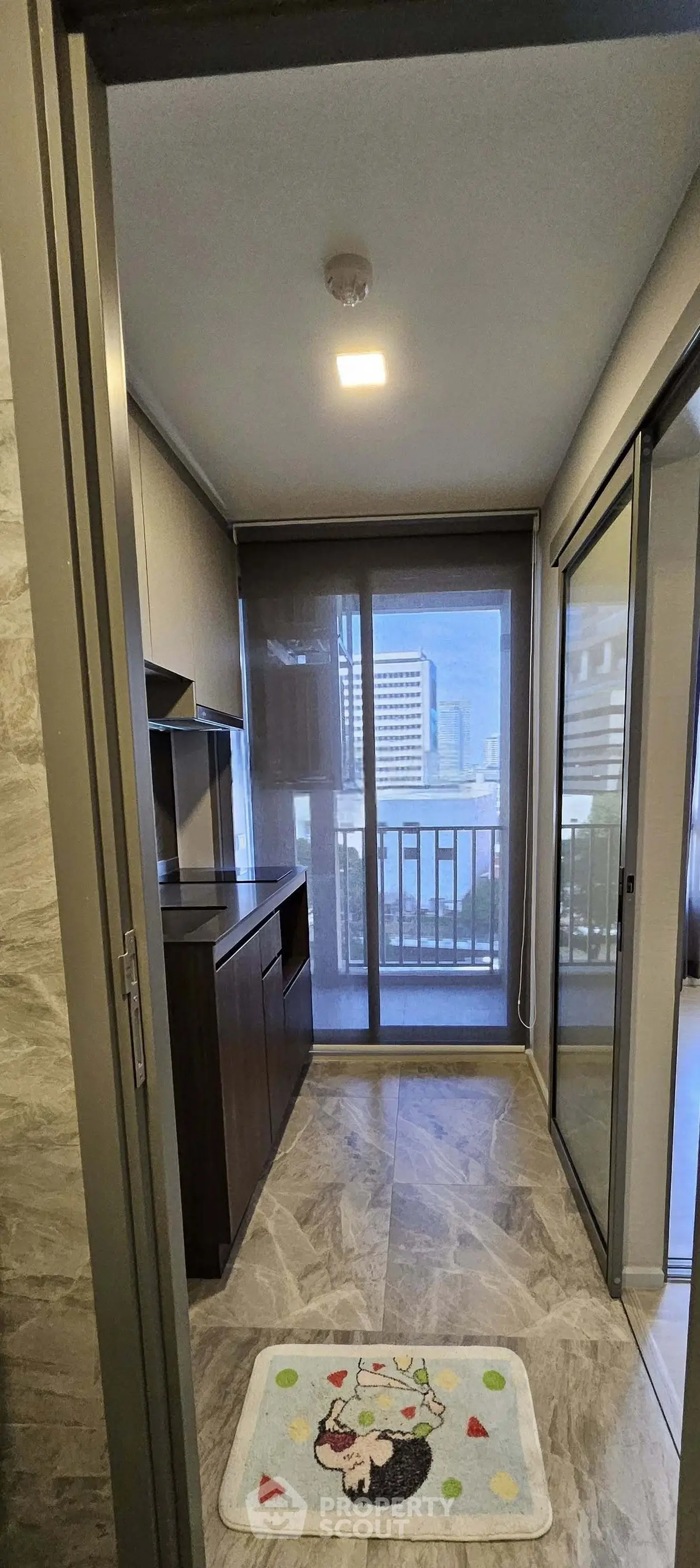 Modern apartment balcony with city view and stylish interior design