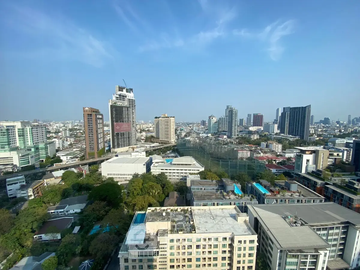 Stunning cityscape view from high-rise building showcasing urban skyline and architecture.