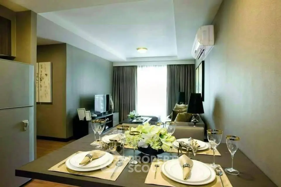 Modern living room with elegant dining setup and cozy ambiance