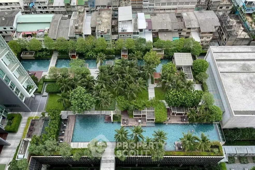 Luxurious rooftop garden with pools and lush greenery in urban setting