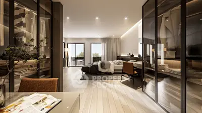 Luxurious open-plan living room with modern decor and large windows offering natural light.