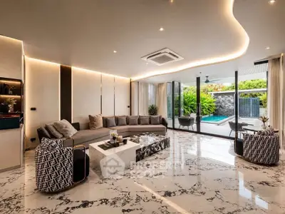 Luxurious modern living room with marble floors, stylish furniture, and pool view through large glass doors.
