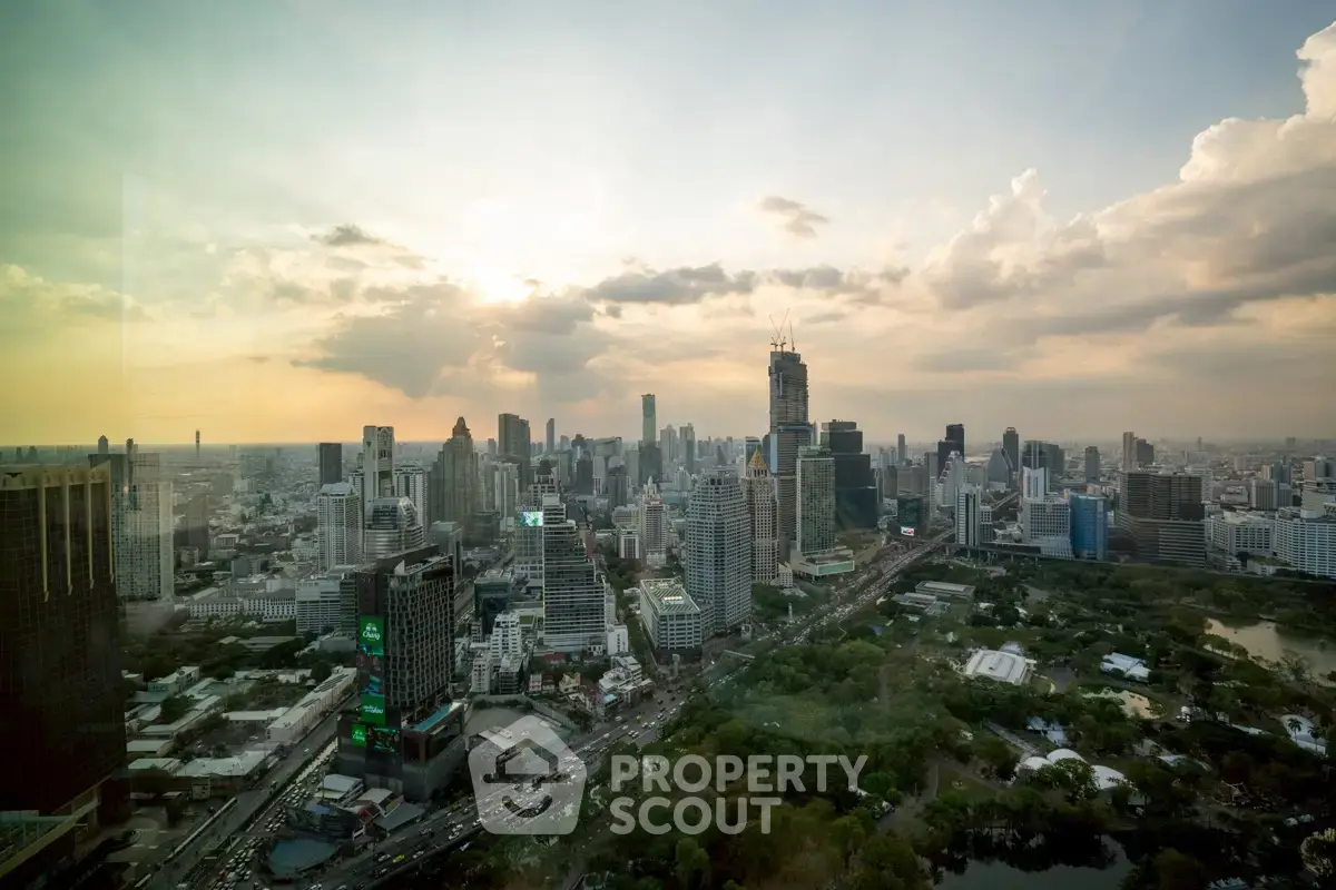 Stunning cityscape view showcasing a vibrant urban skyline at sunset, perfect for real estate investment.