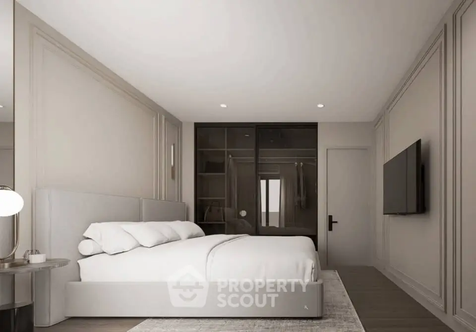 Luxurious modern bedroom with sleek design and elegant furnishings, featuring a spacious bed and stylish decor.