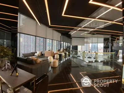 Luxurious modern living room with panoramic city views and sleek black flooring.