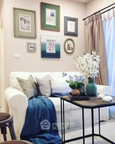 Charming living room with cozy white sofa and elegant decor