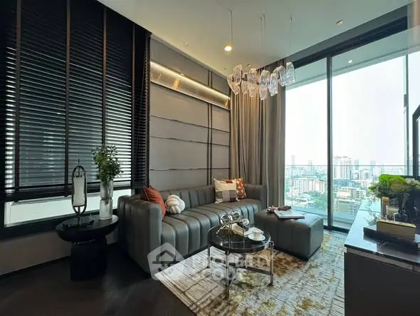 Luxurious modern living room with city view and elegant decor