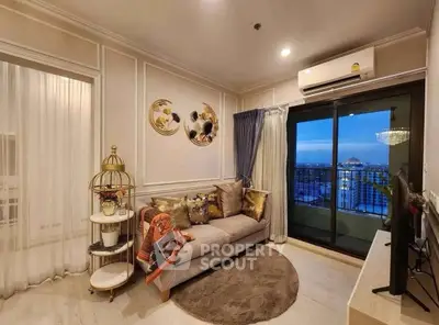 Chic living room with elegant decor and stunning city view from balcony