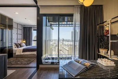 Luxurious modern apartment with city view, featuring elegant bedroom and stylish living area with balcony.