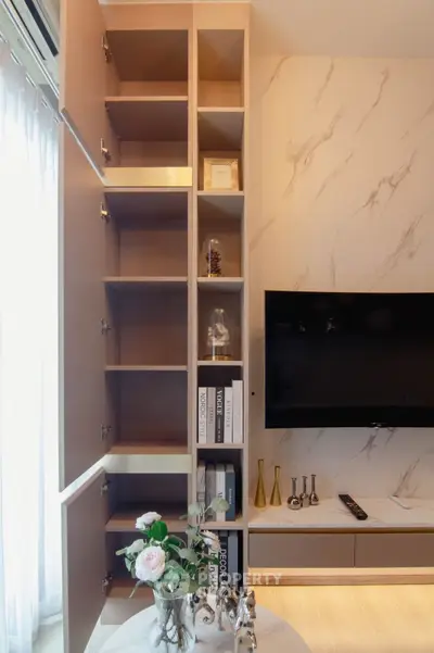 Modern living room with stylish storage and elegant decor