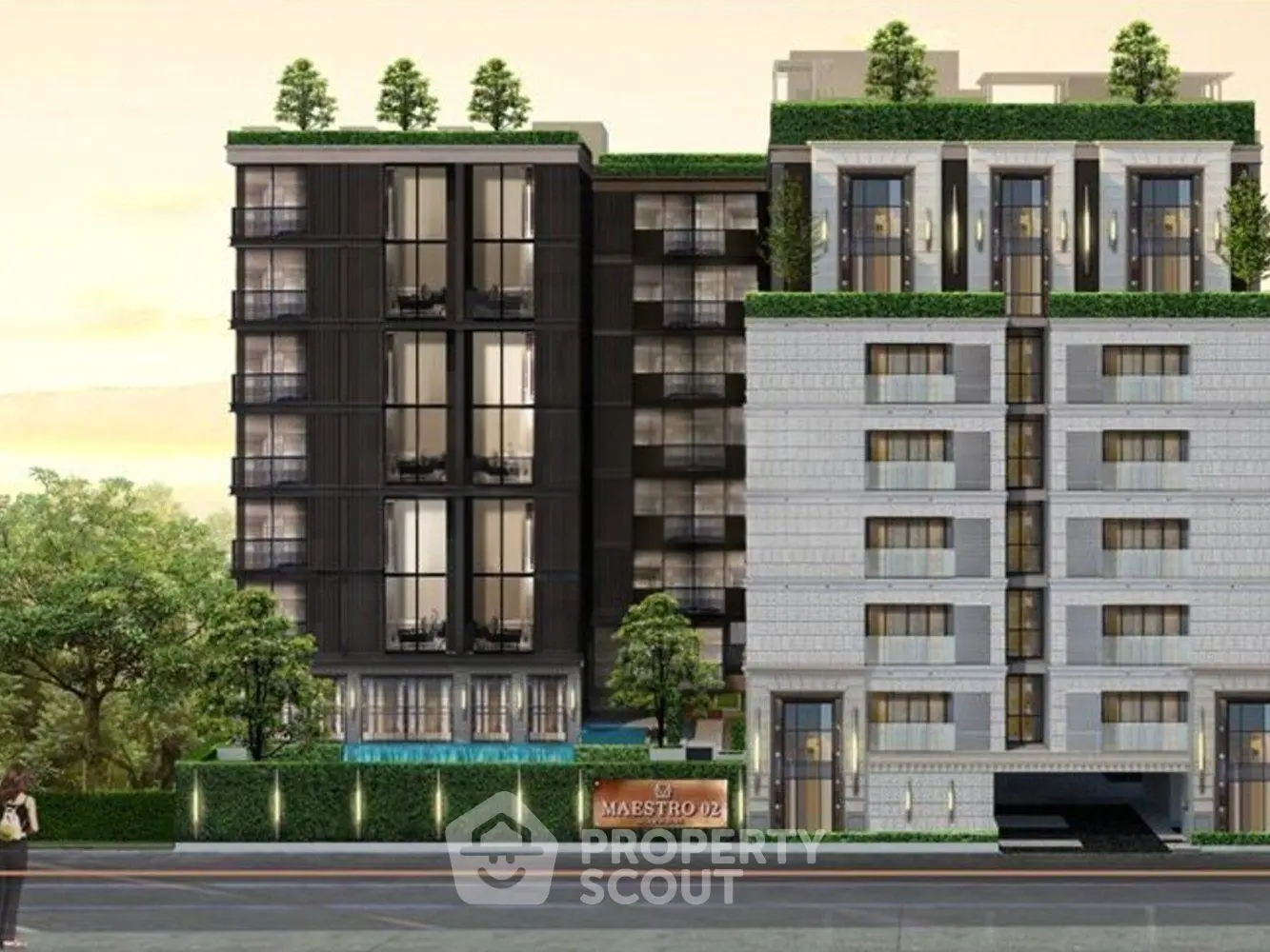 Modern luxury apartment building with lush greenery and elegant facade