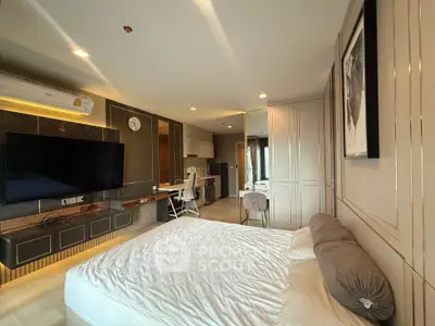 Luxurious bedroom with modern decor and integrated workspace
