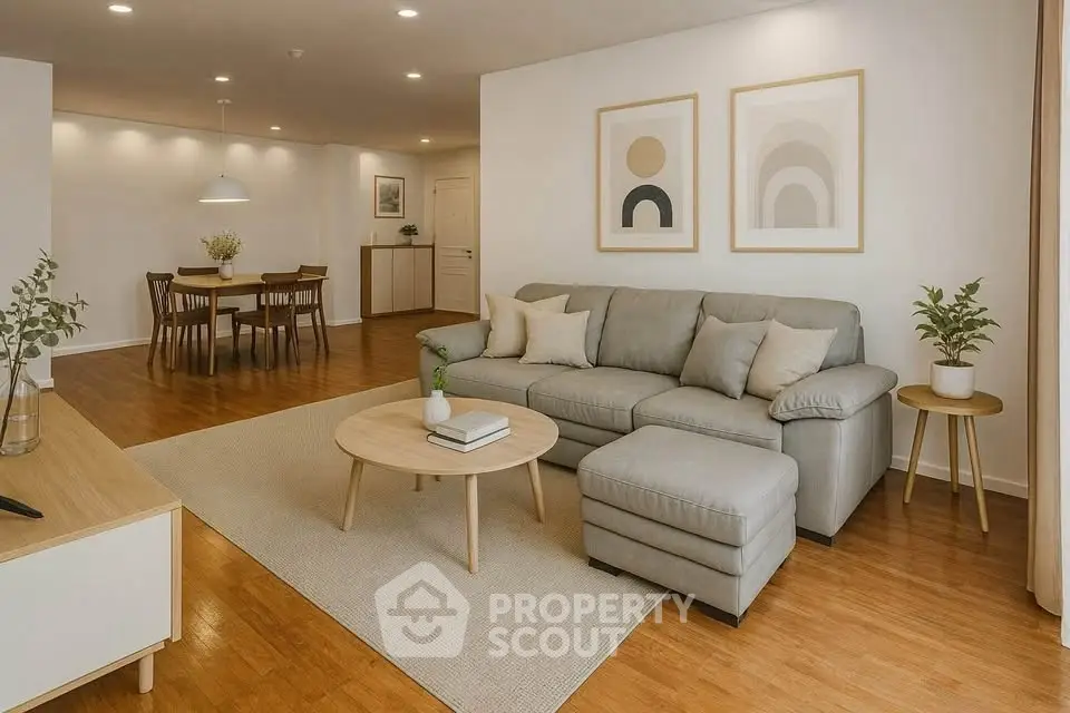 Spacious modern living room with stylish decor and wooden flooring