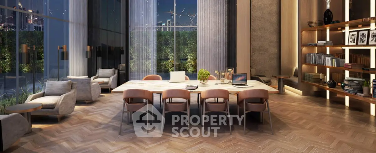 Luxurious modern living room with elegant dining area and floor-to-ceiling windows.