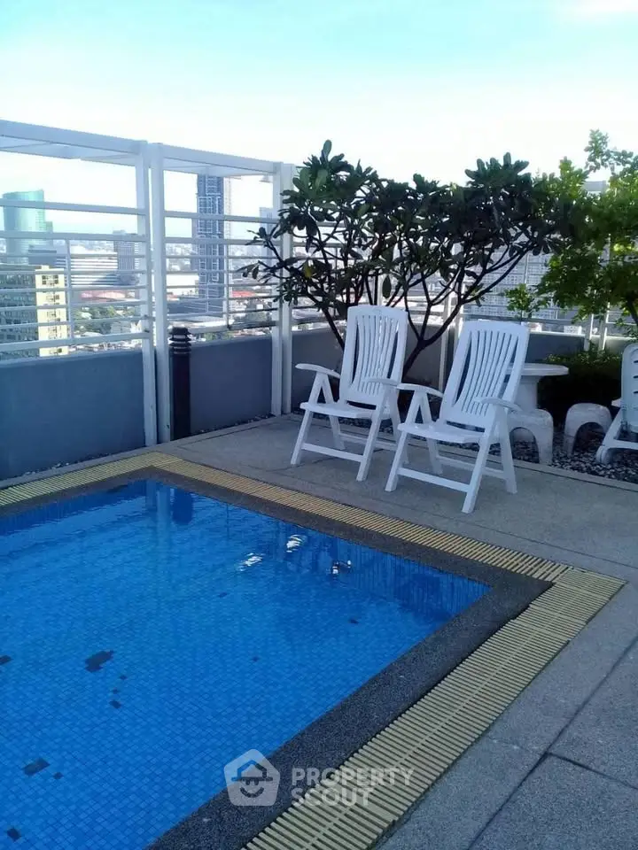 Stunning rooftop pool area with city views and relaxing seating, perfect for urban living.