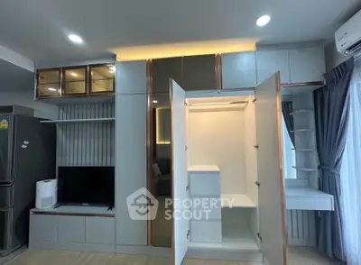 Modern living room with built-in storage and sleek design