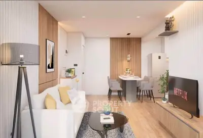 Modern living room with stylish decor and open dining area, featuring a cozy ambiance and contemporary furniture.