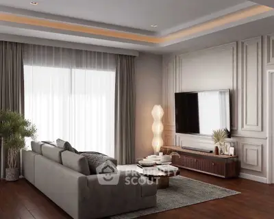 Luxurious modern living room with elegant decor and large window