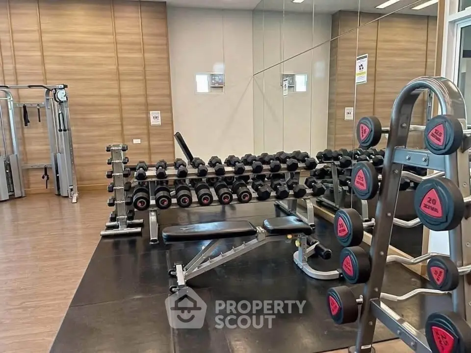 Modern gym with state-of-the-art equipment and mirrored walls in a luxury residential building.