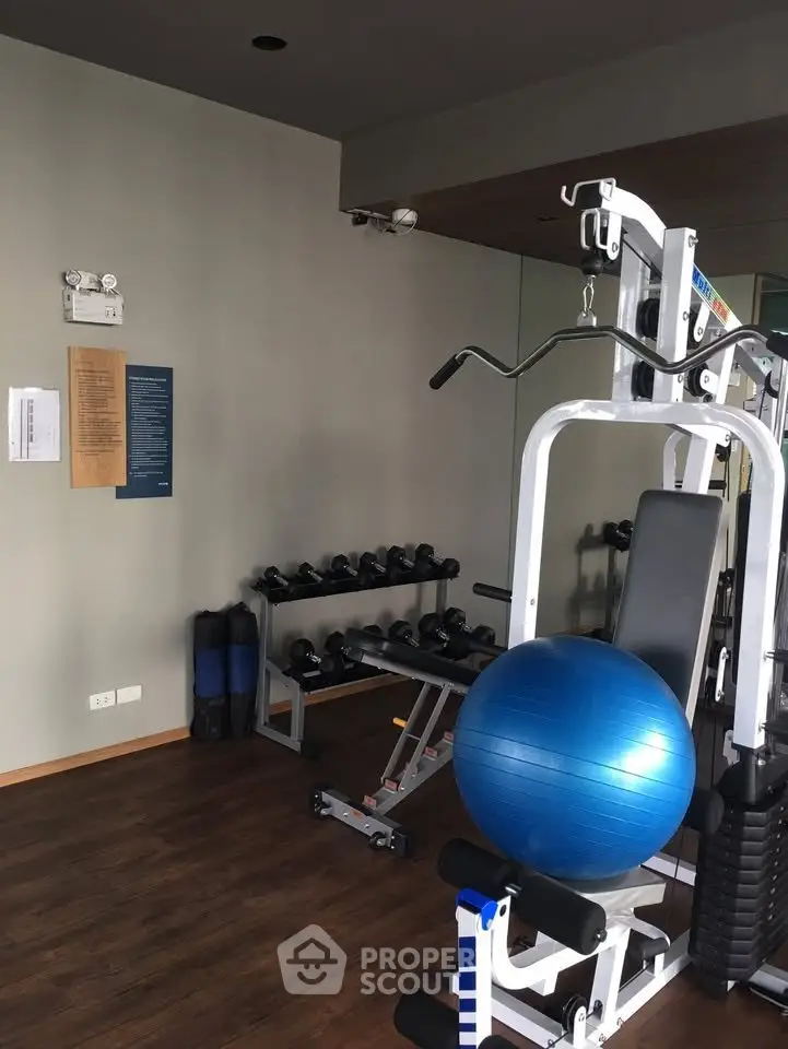 Modern gym with exercise equipment and weights in a residential building.