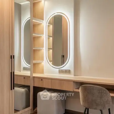 Modern study area with illuminated mirror and elegant wooden furniture