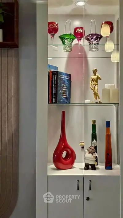 Stylish display cabinet with decorative glassware and books in modern home interior.